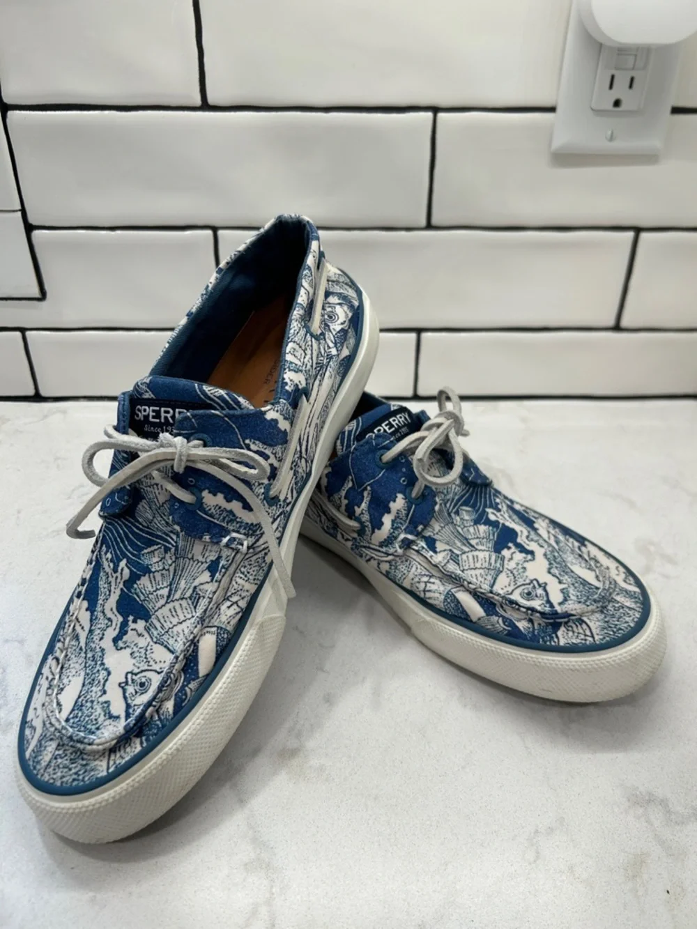 Sperry Top-Sider | Men 10.5 | Blue & White Bahama Coral Print Boat Shoes Slip-On